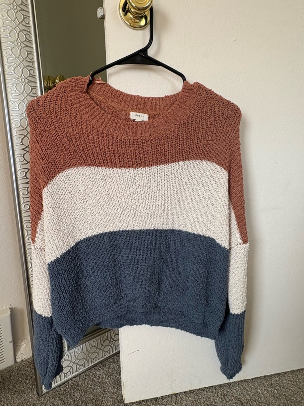 debut Cropped Colorblock Crewneck Sweater - Rust, Cream, Slate Blue